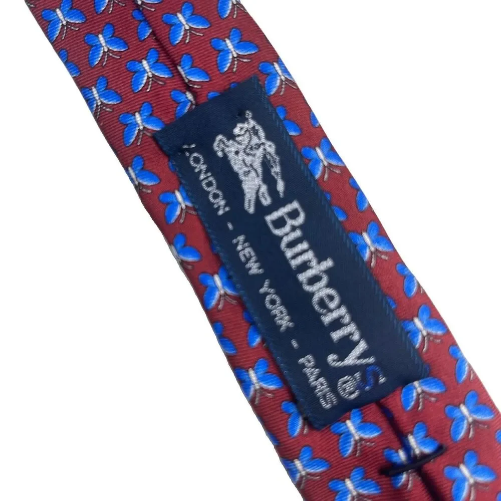Vintage NWOT Burberrys Tie Mens Burgundy Blue Butterfly Pattern 100% Silk